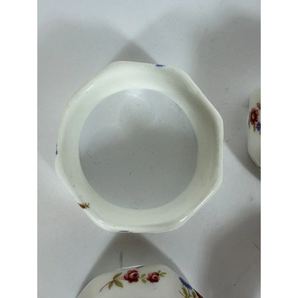 Porcelain Floral Chintz Napkin Rings Octagonal White Rosey Red Blue Set Of 4 Vtg